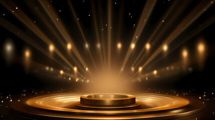 Luxurious and futuristic golden empty stage, golden particles background in stage shape
