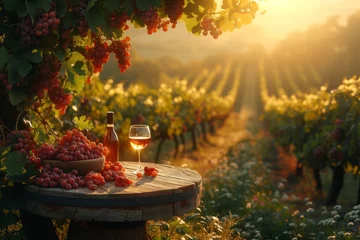 Foto op Canvas A serene autumn scene unfolds as a lone wine bottle and glass rest on a rustic table amidst a bountiful vineyard, surrounded by the vibrant colors of nature's fall flowers © familymedia