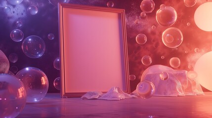 A celestial bedroom with an empty canvas frame, bathed in the soft glow of a mystical portal, and surrounded by floating bubbles.