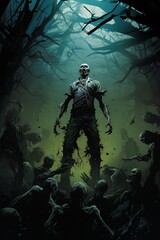 Fototapeta premium Zombie Poster Stands Amidst Forest