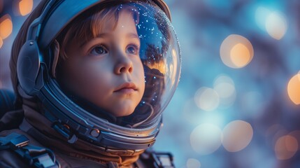 Young Child in Astronaut Helmet Gazing Upward at Twilight - obrazy, fototapety, plakaty