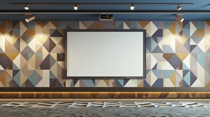 A contemporary TV hall with an empty canvas frame against a bold, geometric-patterned wall, highlighted by the sleek, modern design of ceiling track lighting.