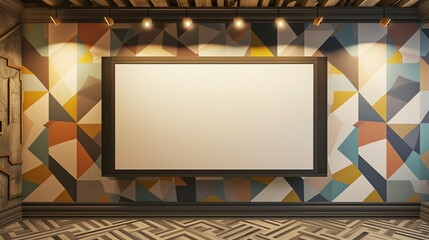 A contemporary TV hall with an empty canvas frame against a bold, geometric-patterned wall, highlighted by the sleek, modern design of ceiling track lighting.