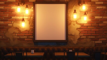 A cozy coffee shop interior with an empty plain canvas frame against a rustic brick wall, illuminated by the warm glow of vintage Edison bulbs.