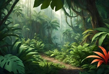 A lush, tropical jungle with diverse plant life