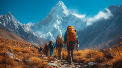Group of People Hiking up a Mountain - obrazy, fototapety, plakaty