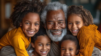 Fototapeta premium Happy Grandfather Embracing Grandchildren Indoors