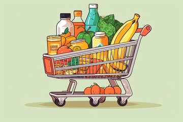 A Shopping Cart Filled With Groceries and Drinks