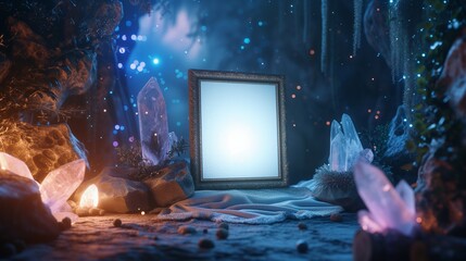 A fantastical bedroom with an empty canvas frame, illuminated by the soft glow of a mystical crystal, and surrounded by shimmering stars.