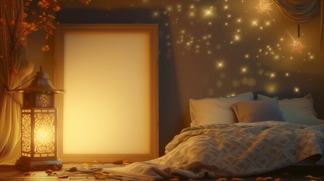 A dreamy bedroom with an empty canvas frame, illuminated by the warm light of a magical lantern, and surrounded by shimmering stars.