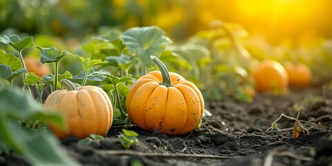 Pumpkin patch on sunny autumn day. Cucurbita maxima