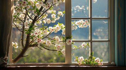 Spring branch with cherry blossoms near the window
