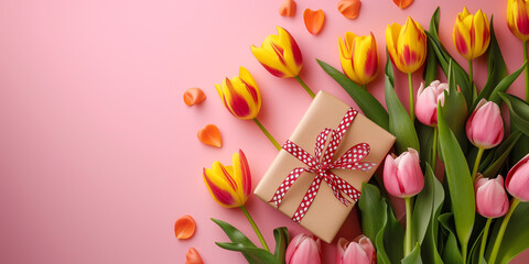 Tulpen und Geschenk zum Muttertag liegen auf rosa Untergrund