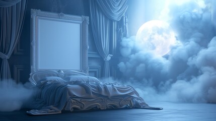 A majestic bedroom with an empty canvas frame, bathed in the soft light of a magical moon, and surrounded by shimmering mist.