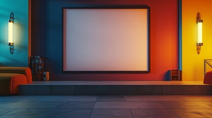 A modern TV hall with an empty canvas frame set against a vibrant accent wall, lit by the ambient glow of stylish, wall-mounted light fixtures.