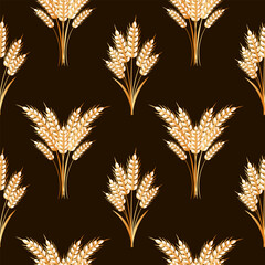 Seamless pattern, bouquets of spikelets of wheat, rye, barley, golden ears on a brown background. Background, print, textile, vector