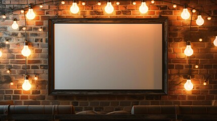 A rustic TV hall with an empty canvas frame on a brick wall, the frame is bathed in the warm, inviting glow of vintage Edison bulb string lights.