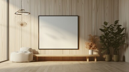 A Scandinavian-style TV hall with an empty canvas frame on a light wood wall, the room is bathed in the serene, diffused light of a contemporary hanging pendant.