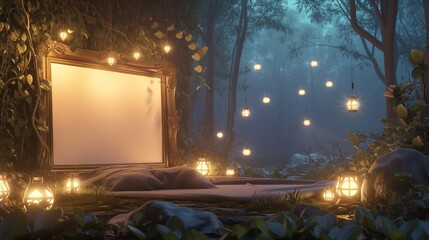 A surreal bedroom with an empty canvas frame, bathed in the soft light of a magical forest, and surrounded by floating lanterns.