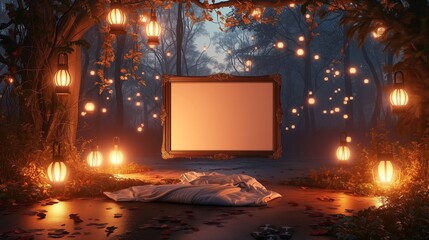 A surreal bedroom with an empty canvas frame, bathed in the soft light of a magical forest, and surrounded by floating lanterns.
