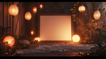 A transcendent bedroom with an empty canvas frame, bathed in the soft light of a magical dawn, and surrounded by floating lanterns.