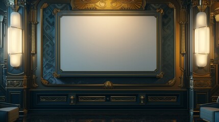 An art deco-inspired TV hall featuring an empty canvas frame on a wall with lavish gold accents, lit by the glamorous light of art deco style lamps.