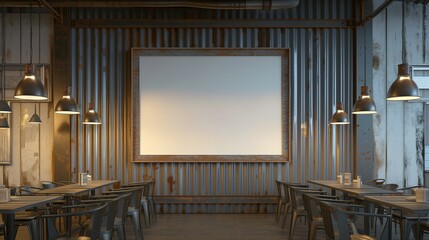 An industrial-themed coffee shop, featuring a large empty canvas frame on a distressed metal wall, lit by sleek, hanging pendant lights.