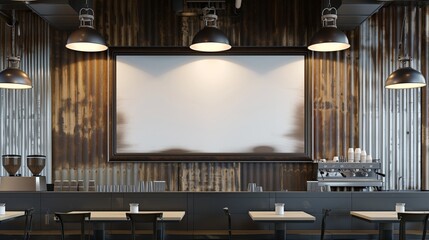 An industrial-themed coffee shop, featuring a large empty canvas frame on a distressed metal wall, lit by sleek, hanging pendant lights.