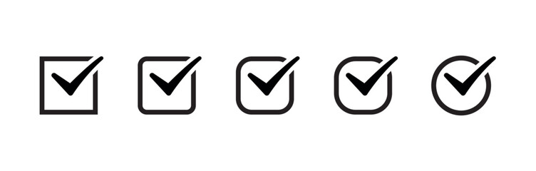 check of various designs. Black and black line backer check icon set.
