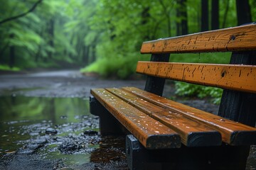 Fototapeta premium Wet Wooden Bench in Park with Green Trees Background