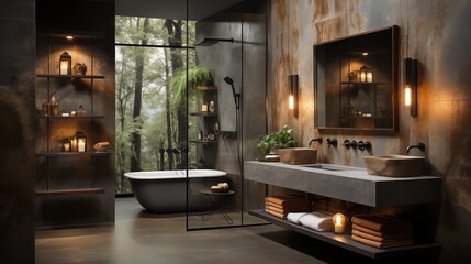 Industrial-chic bathroom with concrete walls, metal fixtures, and Edison bulb lighting.