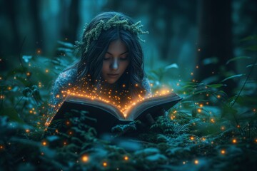 Fototapeta premium Girl Reading Magical Book in the Forest with Yellow Fairy Dust