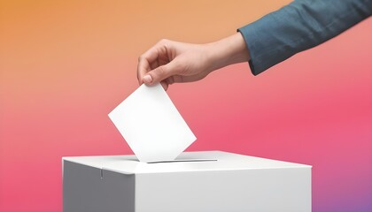illustration of crop anonymous person putting the vote in ballot box against colorful blurred background