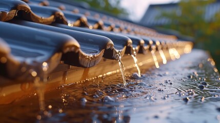 Close-up of shiny rainwater gutter, blurred roof tiles behind - obrazy, fototapety, plakaty