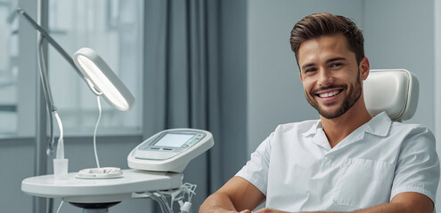 Smiling male doctor dentist in clinic workplace