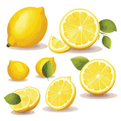 A set of whole lemon, lemon halves, slices.