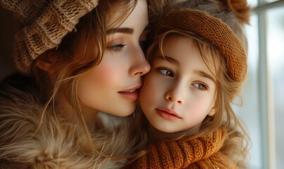A loving mother shares a tender kiss with her daughter, their faces framed by fashionable hats and their bond captured in a beautiful indoor portrait