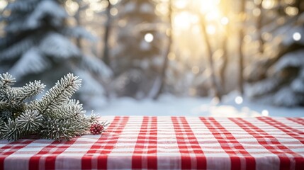 Red and white checkered tablecloth with frosty pine trees, winter backdrop