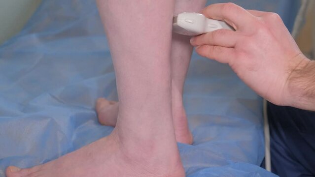 Person examining foot with ultrasounds using gestures, fingers, and thumbs.