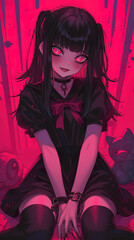 portrait of a gothic vampire girl, anime style, manga, cute  outfit, emo, background, android wallpaper