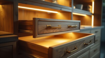 Softly lit bespoke wooden cabinet, open drawers and empty shelves
