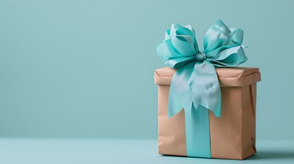 Kraft bag and blue gift with silk ribbon on light cyan