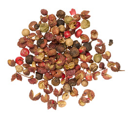 Mixture of red and black peppercorns on isolated background