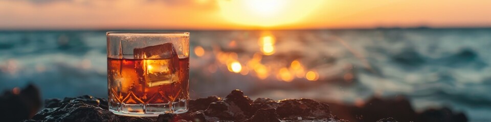A banner with copy space and scenic view of a dark rum on the rocks, set against a stunning ocean sunset, ideal for a luxury brand advertisement or bar promotion  - obrazy, fototapety, plakaty