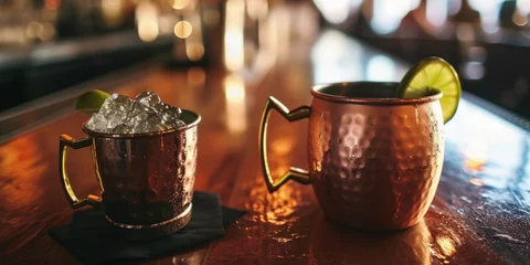Foto op Plexiglas A Moscow Mule cocktail in a frosted copper mug with a lime garnish, set on a bar with warm ambient lighting, perfect for an inviting happy hour advertisement  © Ярослава Малашкевич