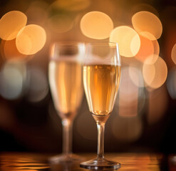 Two champagne flutes with golden bubbles against a bokeh light background, suitable for a romantic bar setting, advertisement or promotion 