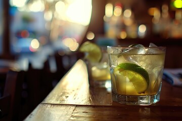 A refreshing Caipirinha cocktail with lime on the bar counter, ideal for tropical drink specials, advertisement, promotion 