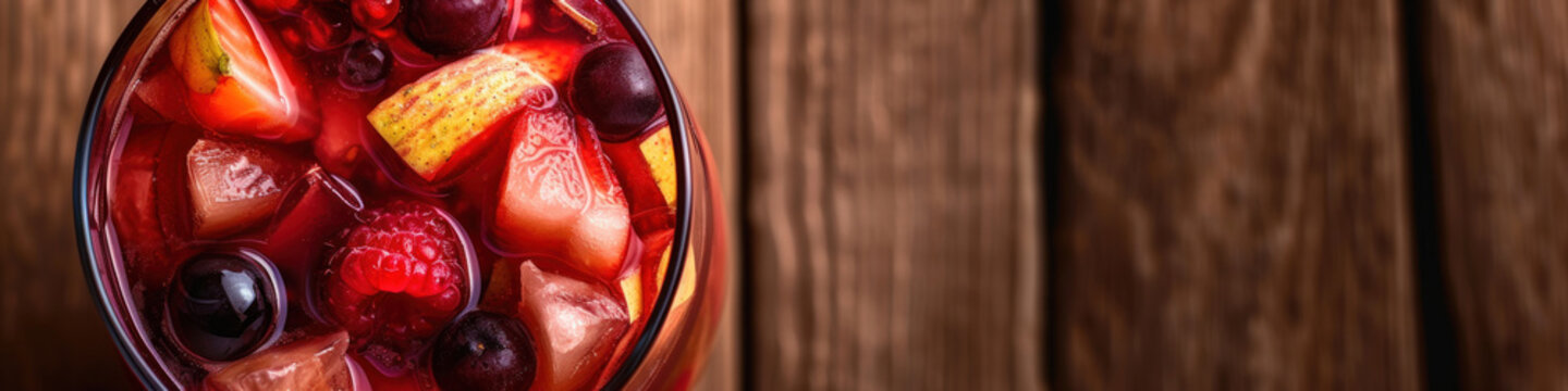 Close-up panoramic banner with copy space and a wine glass brimming with sangria and assorted fruits, set against a wooden backdrop, perfect for a vibrant menu display or bar promotion 