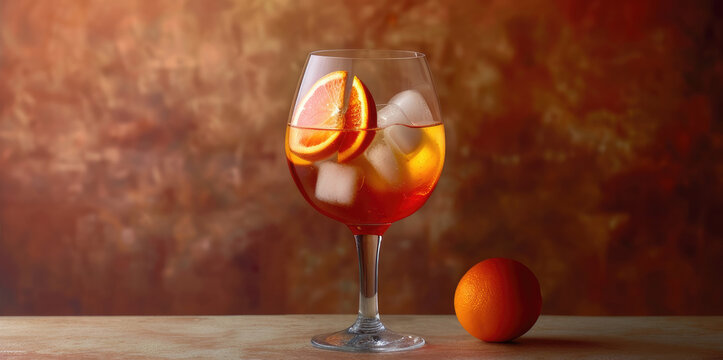 A single wine glass of sangria with ice and orange slices on a rustic wooden table, ideal for an inviting drink menu or bar advertisement 