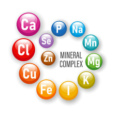 Healthy nutrition mineral complex.Illustration of mineral icons on the white background The concept of medicine and healthcare. Vector